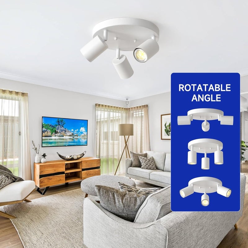 EGM 3 Light Track Lighting, White Round Track Lighting Fixtures, GU10 Flush Mount Directional Ceiling Light for Kitchen, Bedroom, Office, Picture Wall - Image 5